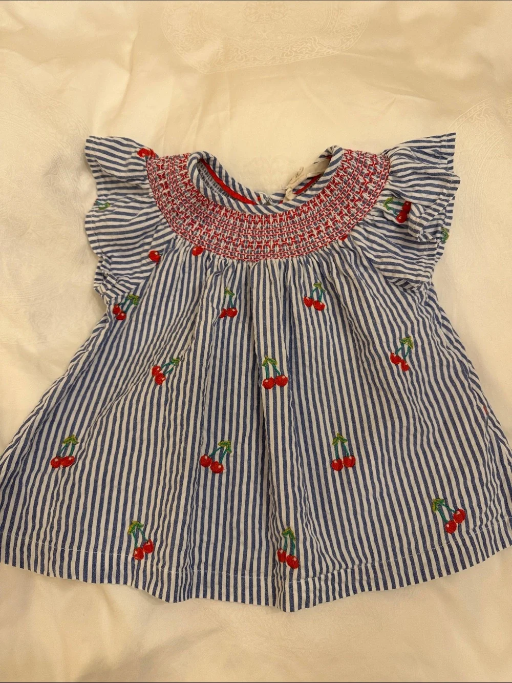 Mini Boden Blue & White Seersucker Striped Cherry Set with Ruffle Detail